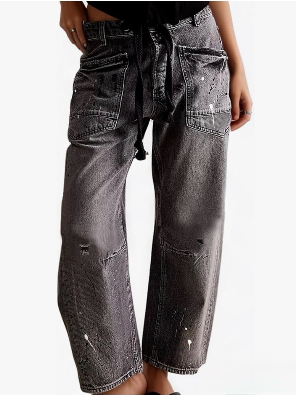 Distressed Wide-Leg Paint-Splatter Barrel Jeans in Washed Black. Like New. L